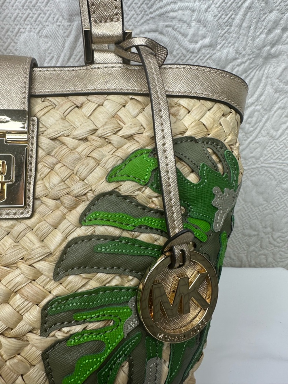 Michael Kors Cecelia Straw Tote with Green Leaf Appliqués and Gold Leather Trim - Picture 3 of 16